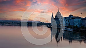 Panorama view in sunset scene with building of Hungarian parliament at Danube river in Budapest city, Hungary