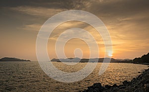 panorama view Sunset or Sundown on the beach and mountains and bridges in dongtan beach, Sattahip. photo