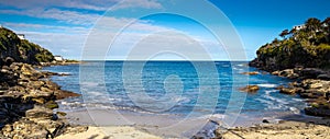 Panorama view of Sydney Bronti Beach NSW Australia. White Sandy Beach, turquoise blue water and surfing waves