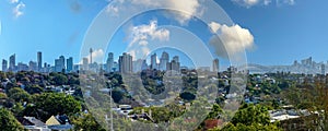 Panorama view of Sydney CBD and Sydney Harbour. Distant view of High-rise office towers and high-rise apartment buildings.