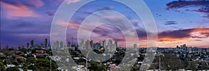 Panorama view of Sydney CBD and Sydney Harbour. Distant view of High-rise office towers and high-rise apartment buildings.