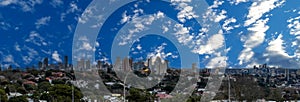 Panorama view of Sydney CBD and Sydney Harbour. Distant view of High-rise office towers and high-rise apartment buildings.