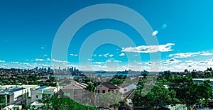 Panorama view of Sydney harbour Bridge CBD viewed from Mosman NSW Australia.