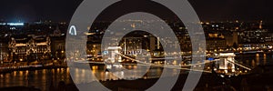 Panorama view of Szechenyi Chain bridge in the night in Budapest, Hungary