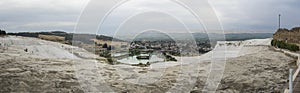 Panorama with a view of the thermal springs in Pamukkale, Denizli province in southwestern Turkey