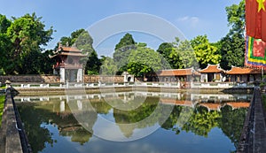 Panorama view of third courtyard in ancient Temple of Literature or Van Mieu, with the Thien Quang well and the red Khue Van pavil