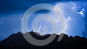 Panorama view of thunder storm lightning strike over mountain with dark cloudy sky background