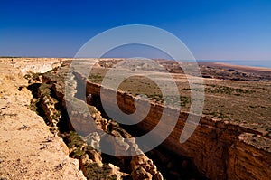 Panorama view to Aral sea from the rim of Plateau Ustyurt near Aktumsuk cape , Karakalpakstan, Uzbekistan