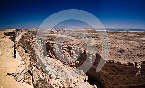 Panorama view to Aral sea from the rim of Plateau Ustyurt near Duana cape , Karakalpakstan, Uzbekistan