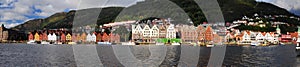 Panorama View To The Historic Painted Wooden Houses Of Bryggen In Bergen