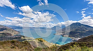 Panorama view to the lake Atitlan with volcanos - small villages San Pedro, San Marcos, San Juan and Panajachel at lake Atitlan in