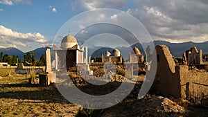 Panorama view to muslim cemetery Semiz Bel at Kochkor in Naryn, Kyrgyzstan