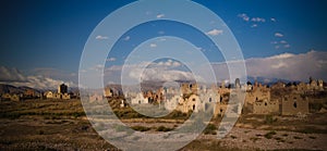 Panorama view to muslim cemetery Semiz Bel at Kochkor in Naryn, Kyrgyzstan