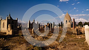 Panorama view to muslim cemetery Semiz Bel at Kochkor in Naryn, Kyrgyzstan