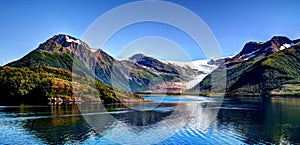 Panorama view to Nordfjorden and Svartisen glacier, Meloy, Norway