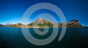 Panorama view to Nordfjorden and Svartisen glacier, Meloy, Norway