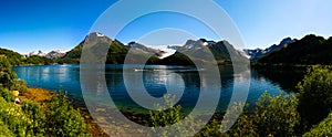 Panorama view to Nordfjorden and Svartisen glacier, Meloy, Norway