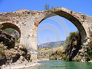 Panorama view to old ruined bridge over Dalaman river, Turkey