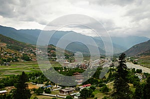 Panorama view to Paro valley and city in Bhutan