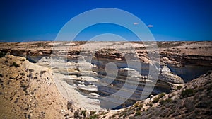 Panorama view to saline Barsa Kelmes lake and Ustyurt plateau in Karakalpakstan, Uzbekistan photo