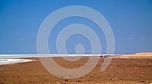 Panorama view to saline Barsa Kelmes lake and Ustyurt plateau in Karakalpakstan, Uzbekistan photo