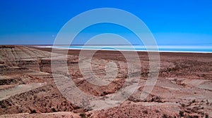 Panorama view to saline Barsa Kelmes lake and Ustyurt plateau in Karakalpakstan, Uzbekistan