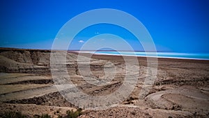 Panorama view to saline Barsa Kelmes lake and Ustyurt plateau in Karakalpakstan, Uzbekistan