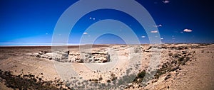 Panorama view to saline Barsa Kelmes lake and Ustyurt plateau in Karakalpakstan, Uzbekistan