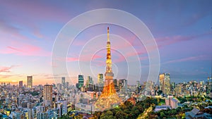 Panorama view of Tokyo city skyline and Tokyo Tower building in Japan