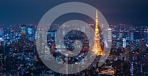 Panorama view of Tokyo Tower and Tokyo Cityscape from Roppongi Hills at night in Tokyo