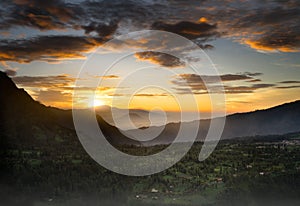 Panorama view from the top of Mount Bromo view point, East Java, Indonesia.