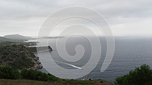 Panorama view from Torre Nova des Cap Vermell to Torre des Cap Vermell, Canyamel, Mallorca, Spain
