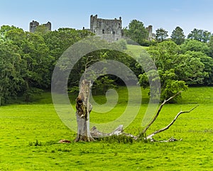 A panorama view toward the castle overlooking the village of Llansteffan, Wales