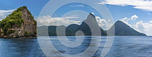 A panorama view towards Soufriere Bay, St Lucia with the Pitons in the distance