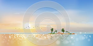 Panorama view Tropical seascape of blue ocean and coconut palm tree on island,Panoramic Sea beach with pink and blue sky,Vector