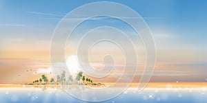 Panorama view Tropical seascape of blue ocean and coconut palm tree on island Panoramic Sea beach with pink and blue sky Vector