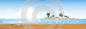 Panorama view Tropical seascape of blue ocean and coconut palm tree on island, ,Panoramic Sea beach and sand with blue sky,Vector