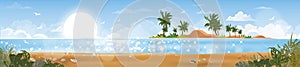 Panorama view Tropical seascape of blue ocean and coconut palm tree on island, Panoramic Sea beach and sand with blue sky,Vector