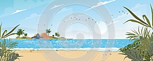 Panorama view Tropical Seaside of blue ocean and coconut palm tree on island, Panoramic  seascape beach and sand with blue sky,