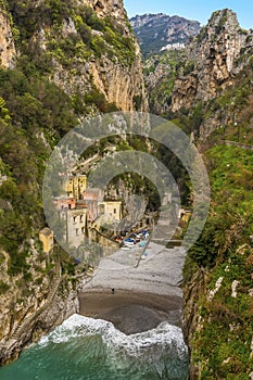 A panorama view up the fjord at Fiordo di Furore on the Amalfi coast, Italy photo