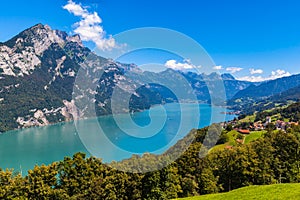 Panorama view Walensee lake and the Alps