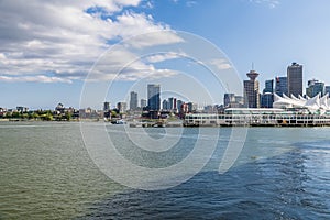 A panorama view from the water along the South Shore in Vancouver, Canada