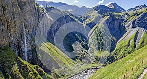 Panorama view of the waterfall areana in the Weisstannental in the Swiss Alps