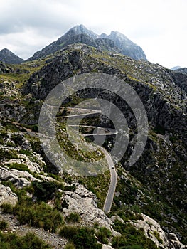 Panorama view of winding curvy mountain road street Sa Corbata Sa Calobra Mallorca Balearic Islands Spain Europe photo