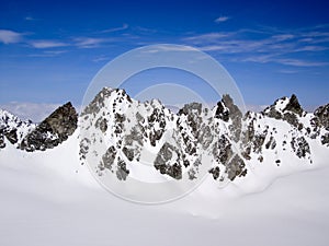 Panorama view of winter mountain landscape in the Swiss Alps near Klosters