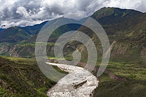 Panorama view of Yarlung Tsangpo Yarlung Zangbo Grand Canyon , Brahmaputra Canyon or Tsangpo Gorge and Yarlung Tsangpo River in