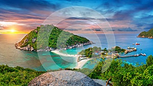 Panorama of viewpoint on Koh Nangyuan island at sunset, Surat Thani in Thailand