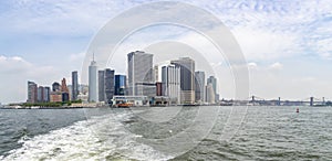Panorama with views of Manhattan with both ferry terminals and the Brooklyn Bridge, New York, United States