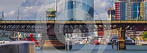 Panorama views of Sydney Darling Harbour Bridge NSW Australia. Residential apartments and office building