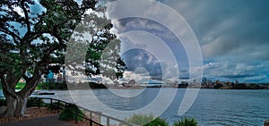 Panorama views of Sydney Darling Harbour Bridge NSW Australia. Residential apartments and office building